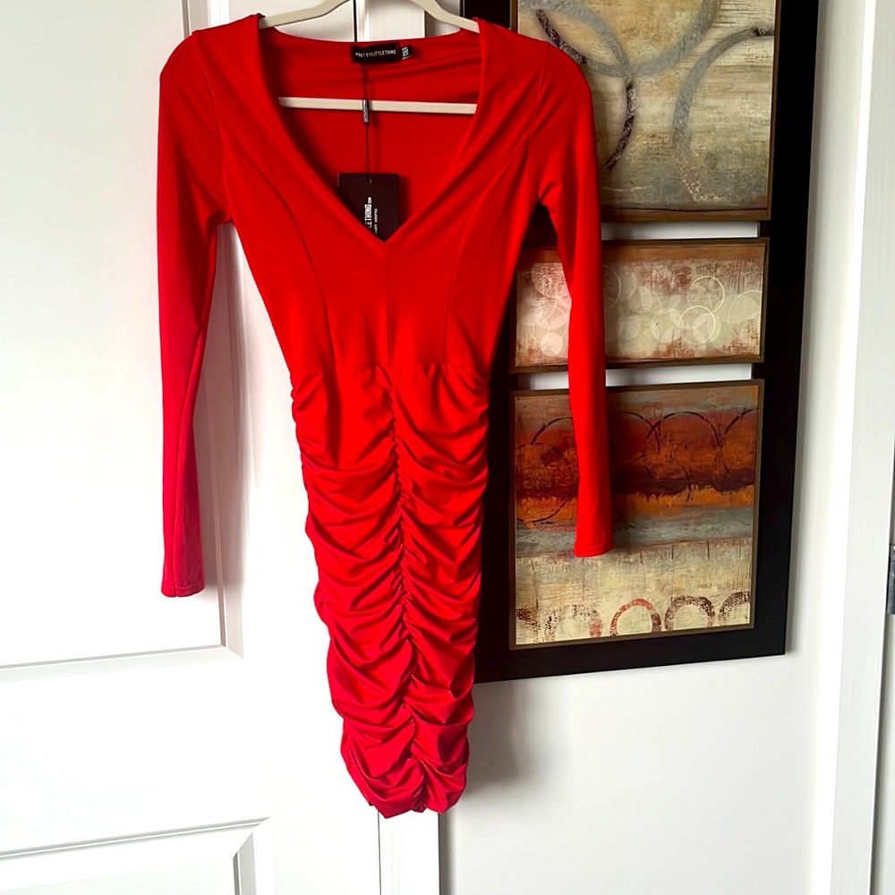 Pretty Little Thing Red Slinky Runched Mini Dress US Size 2